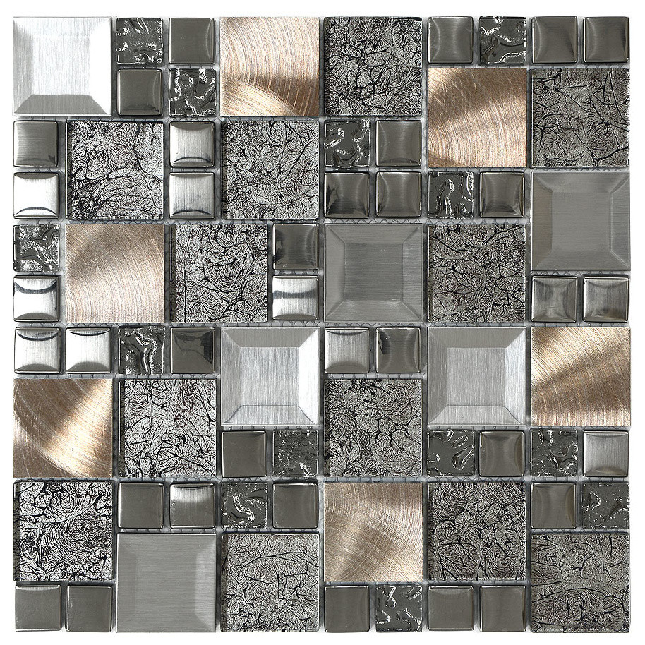 Glass Metal Mix Mosaic Backsplash Tile, 12"x12" Contemporary Mosaic