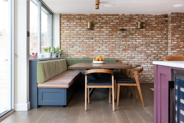Artistic & Influential Lay-On Shaker Kitchen & Banquette Dining Area contemporary-dining-room