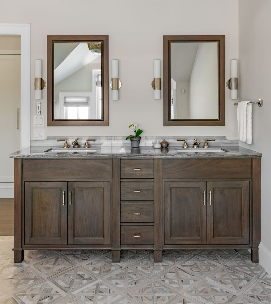 Photo of a transitional bathroom in New York with a double vanity and a freestanding vanity.