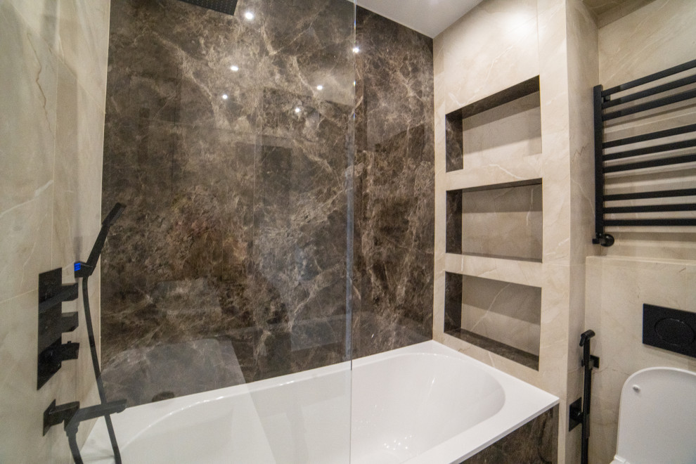 Small master bathroom in Moscow with flat-panel cabinets, medium wood cabinets, an undermount tub, a curbless shower, brown tile, marble, beige walls, wood-look tile, a drop-in sink, solid surface benchtops, beige floor, white benchtops, a single vanity and a floating vanity.