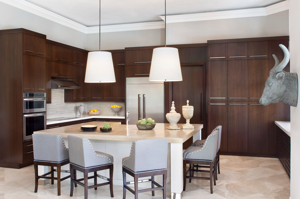 Example of a transitional kitchen design in Miami with flat-panel cabinets, dark wood cabinets, quartz countertops, beige backsplash, matchstick tile backsplash, stainless steel appliances, an island and a farmhouse sink