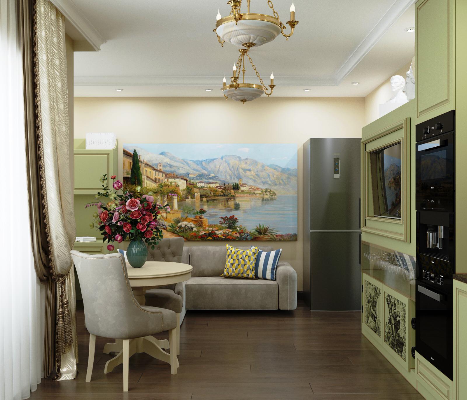 Кухня в оливковых тонах с винным шкафом, стиль новая классика