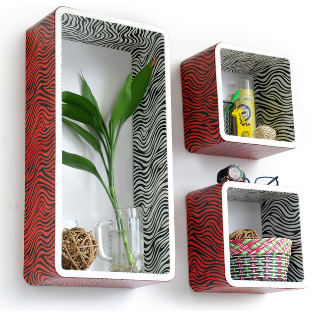Vivid Zebra Stripe Rectangle Leather Wall Shelf / Floating Shelf (Set of 3)