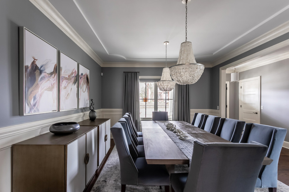 Inspiration for a mid-sized transitional separate dining room in Chicago with grey walls and dark hardwood floors.