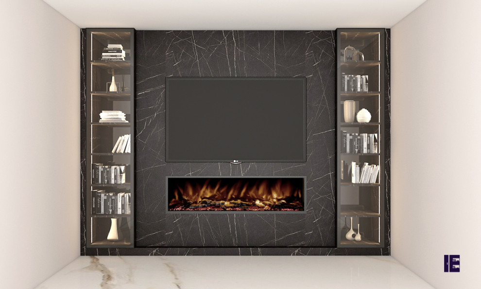 Design ideas for a large modern enclosed home theatre in London with a wall-mounted tv.
