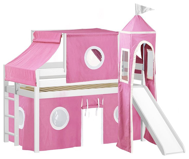 JACKPOT Solid Wood Prince & Princess Low Loft Twin Bed in White/Pink