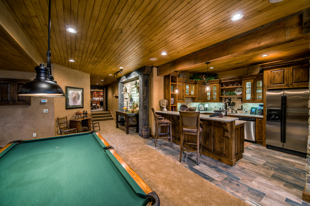 Inspiration for a large rustic underground carpeted basement remodel with beige walls and no fireplace