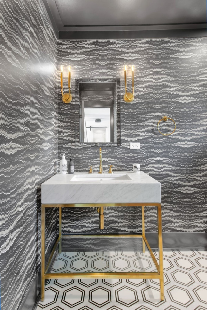 Inspiration for a mid-sized transitional powder room in Orlando with grey walls, ceramic floors, a console sink, tile benchtops, multi-coloured floor and white benchtops.
