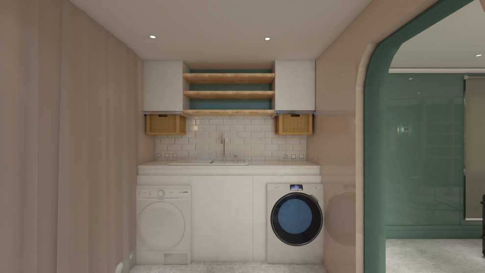 Photo of a small modern galley utility room in Other with a single-bowl sink, open cabinets, marble worktops, white splashback, marble splashback, green walls, marble flooring, a side by side washer and dryer, white floors and white worktops.