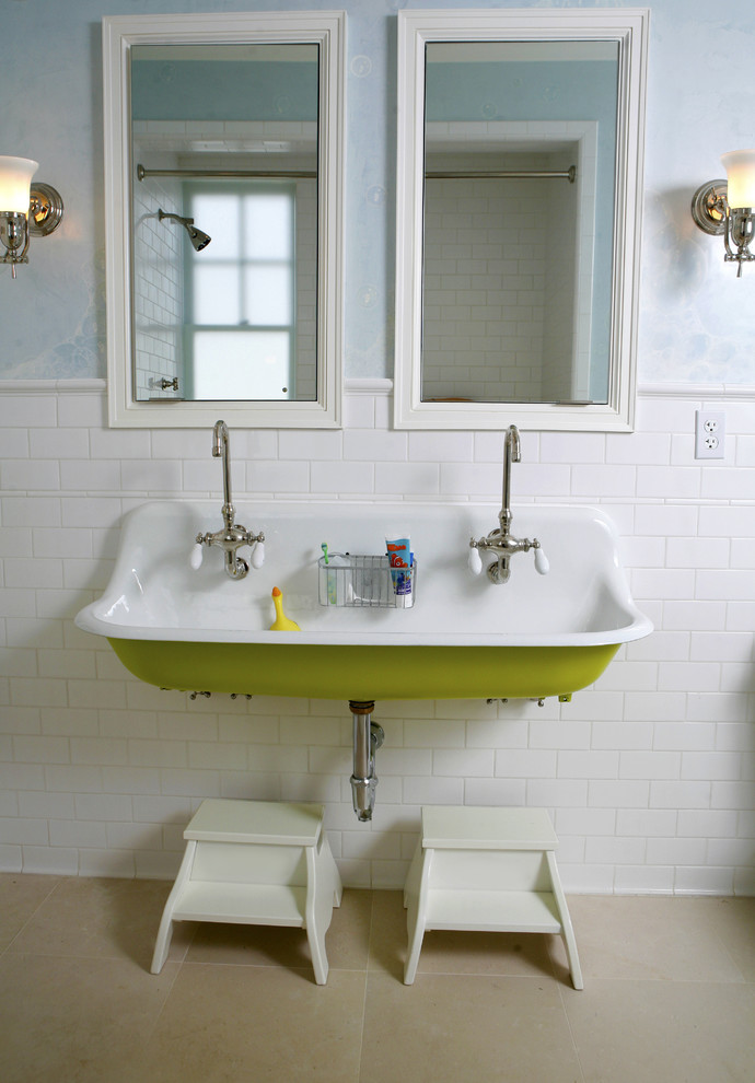 Inspiration for a traditional kids bathroom in San Francisco with a trough sink, white tile and subway tile.
