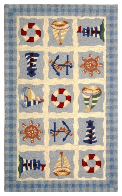 Blue Nautical Rug with Checkered Border, 1 ft. 8 in. x 2 ft. 6 in.