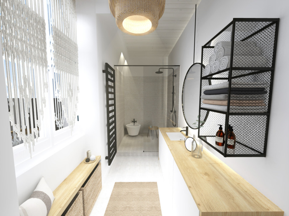 This is an example of a mid-sized modern 3/4 bathroom in Other with an open shower, a wall-mount toilet, beige tile, ceramic tile, white walls, ceramic floors, an undermount sink, wood benchtops, beige floor, an open shower, brown benchtops, a single vanity and timber.