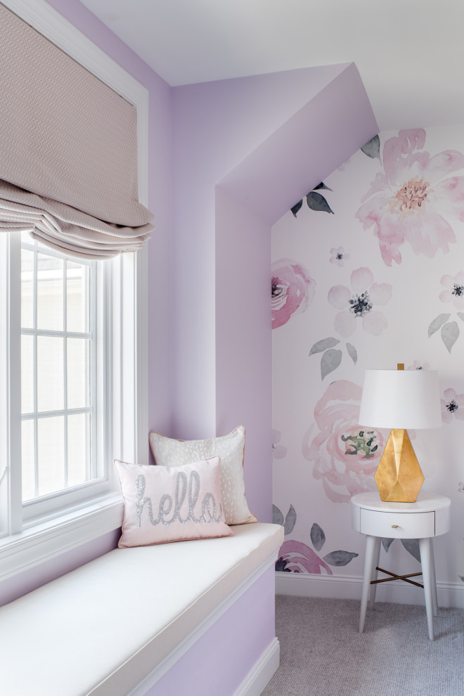 Mid-sized eclectic girl carpeted and beige floor kids' room photo in Philadelphia with purple walls