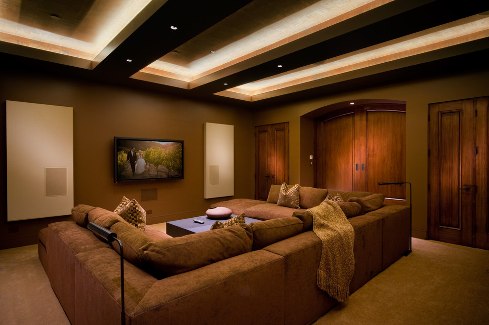 Design ideas for a traditional home theatre in San Francisco with brown floor.