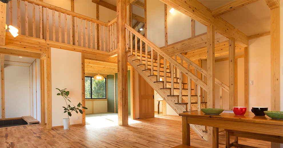 Inspiration for an asian wood straight staircase in Other with wood risers and wood railing.