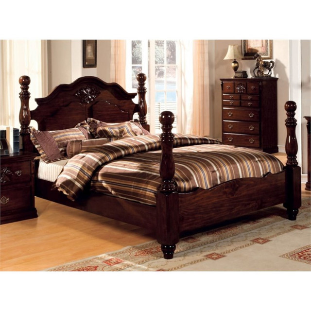 Bowery Hill Traditional Wood FourPoster Queen Bed in Glossy Dark Pine