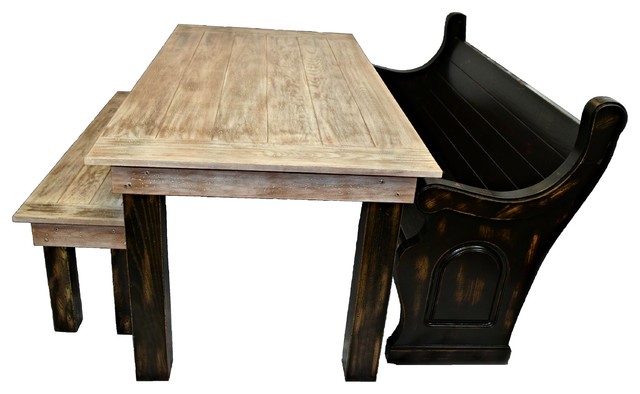 Solid Wood Indoor/Outdoor Farmhouse Style Dining Table Pew Bench Set