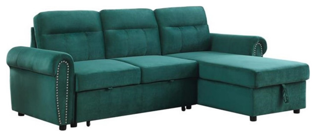 Maklaine Velvet Fabric Reversible Sleeper Sectional Sofa Chaise in Green