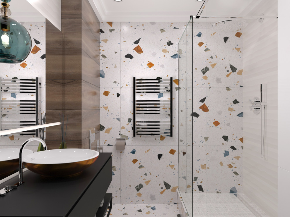 Design ideas for a contemporary master wet room bathroom in Other with black cabinets, a wall-mount toilet, multi-coloured tile, porcelain tile, porcelain floors, a drop-in sink, stainless steel benchtops, multi-coloured floor, a shower curtain and black benchtops.