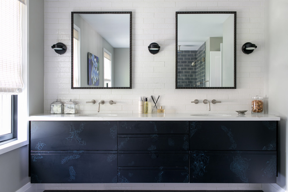 Design ideas for a modern bathroom in New York with subway tile.