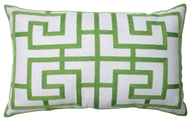 Embroidered Geometric Rectangular Throw Pillow, Green