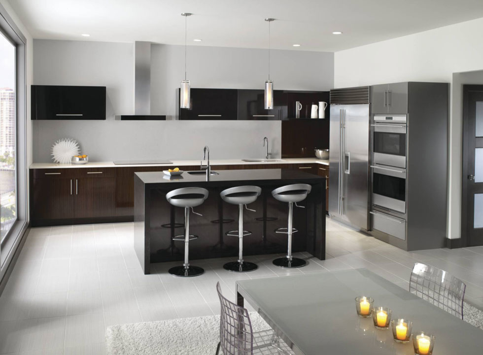 Example of a large trendy single-wall porcelain tile and gray floor eat-in kitchen design with an undermount sink, flat-panel cabinets, brown cabinets, quartz countertops, stainless steel appliances and an island