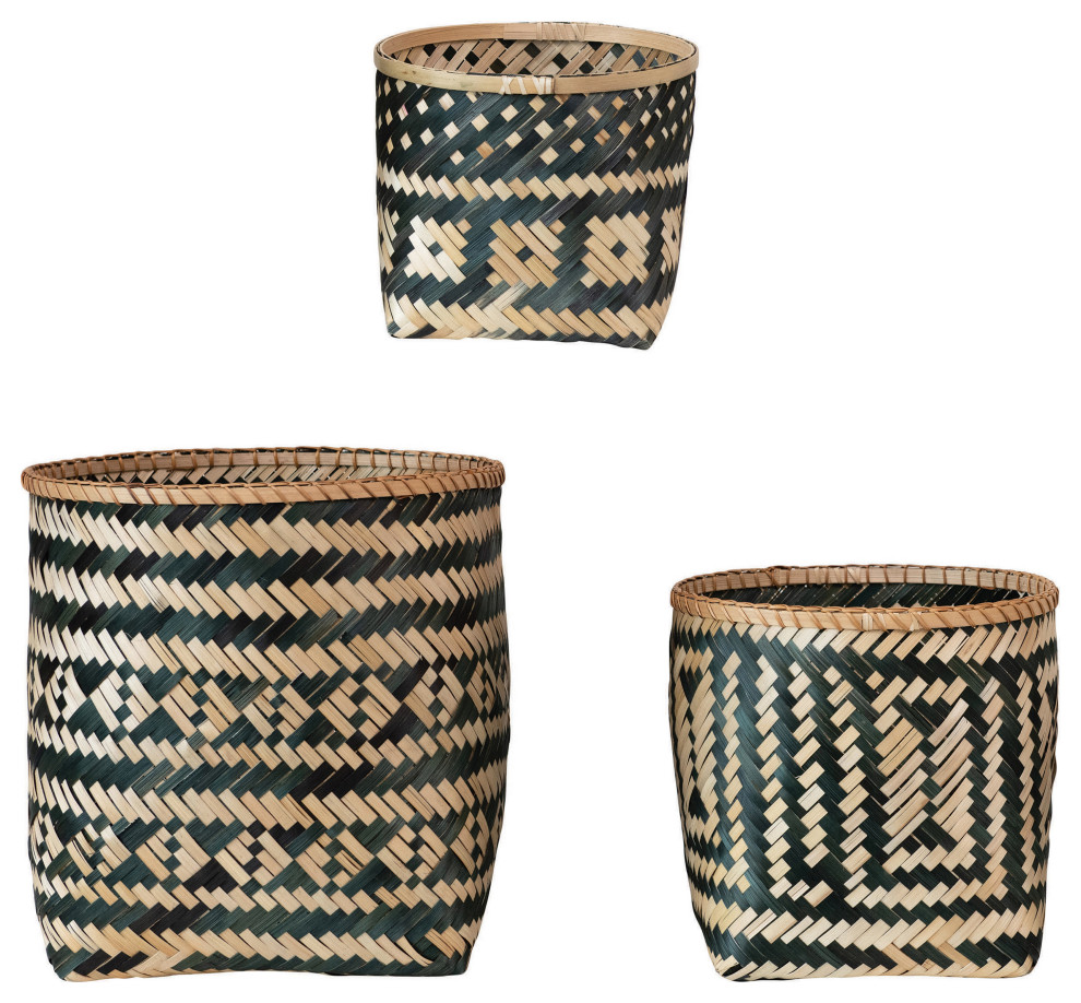 Bamboo Baskets With Pattern, Natural/Black, 3Piece Set Asian Baskets by Creative Coop