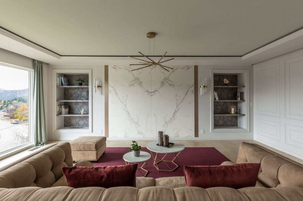 バンクーバーにある高級な広いトランジショナルスタイルのおしゃれなリビング (白い壁、トラバーチンの床、埋込式メディアウォール、ベージュの床、折り上げ天井、羽目板の壁) の写真