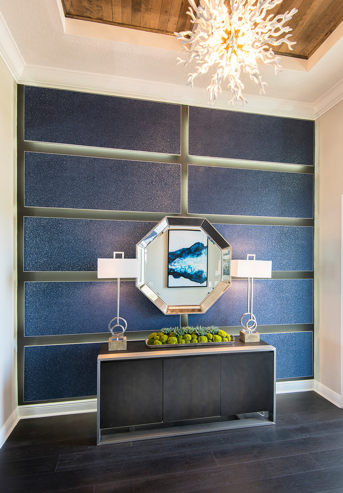 Inspiration for a beach style foyer in Tampa with blue walls, dark hardwood floors and brown floor.