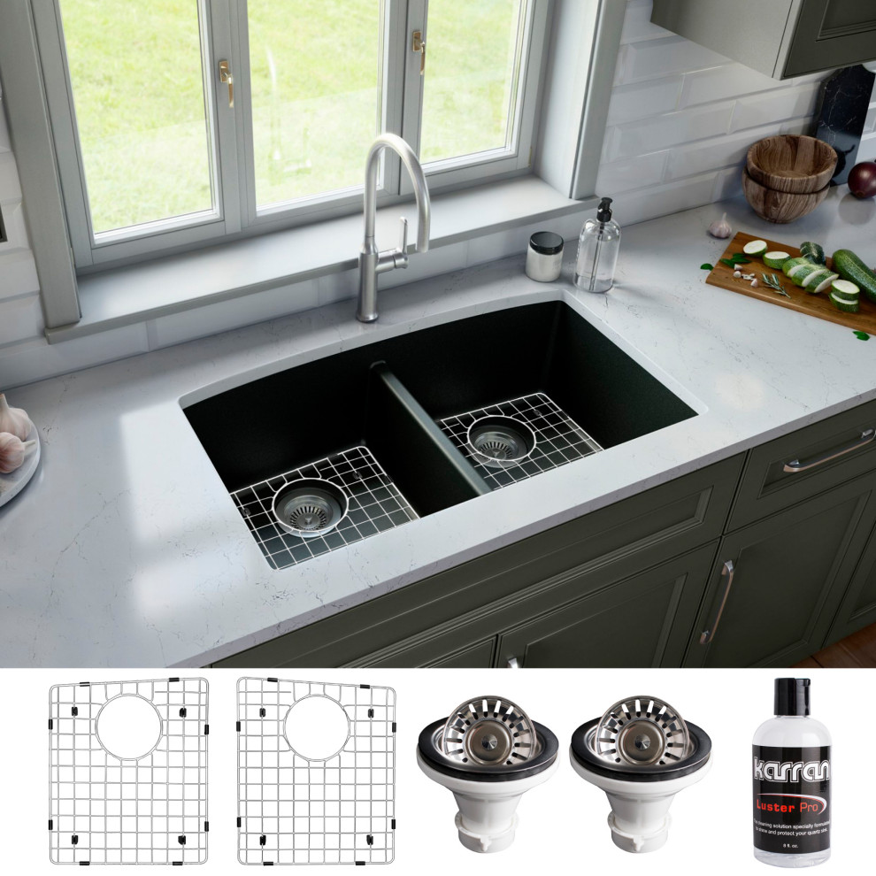 Karran Undermount Quartz 32" 50/50 Double Bowl Kitchen Sink Kit, Black