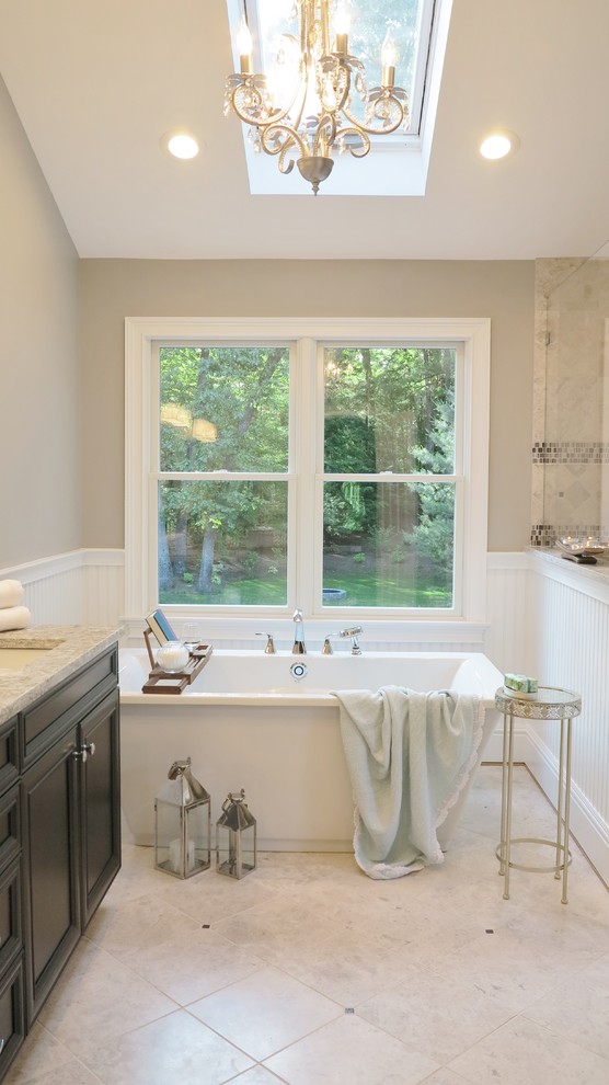 Doorless shower - mid-sized transitional marble floor doorless shower idea in Bridgeport with gray walls, an undermount sink and quartz countertops