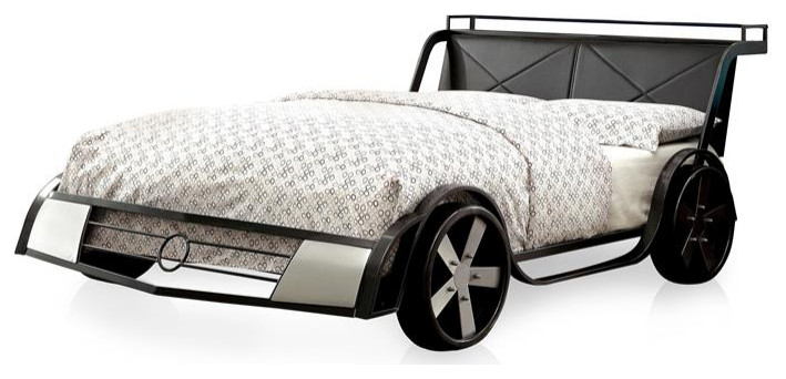 Furniture of America Sainz Metal Full Racecar Bed in Gun Metal and Silver