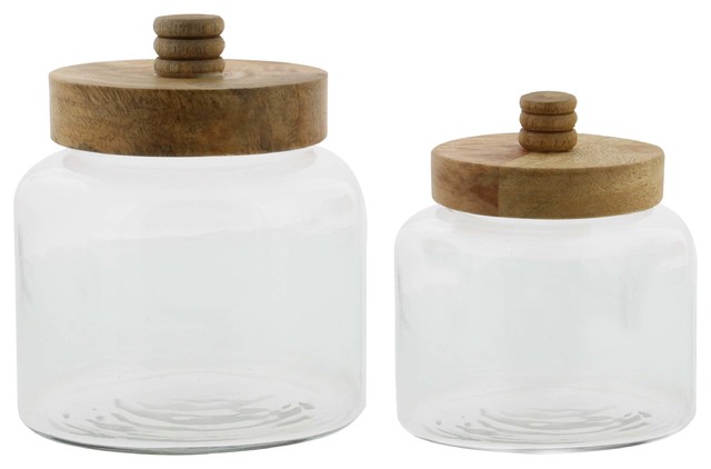 Modern Glass Jars With Mango Wood Lids 2 Piece Set Traditional