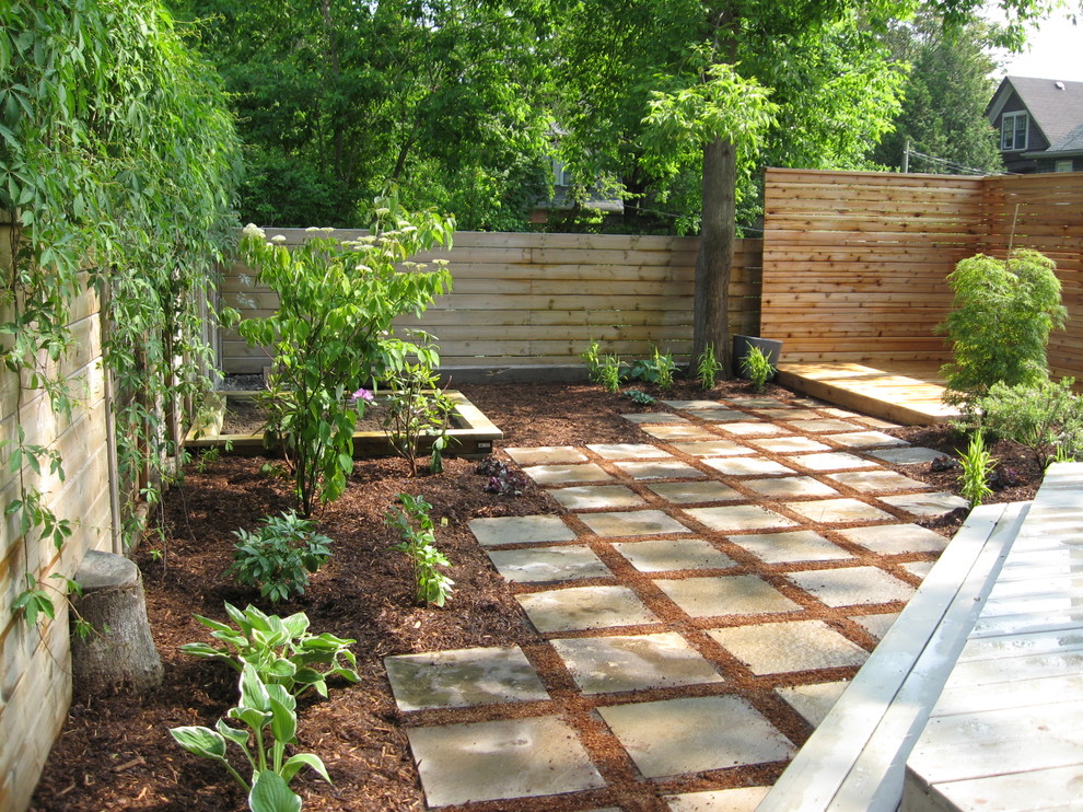 Inspiration for a modern garden in Toronto with a water feature and decking.
