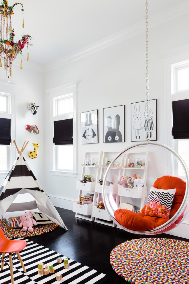 Design ideas for a transitional kids' room in Boston with white walls and dark hardwood floors.