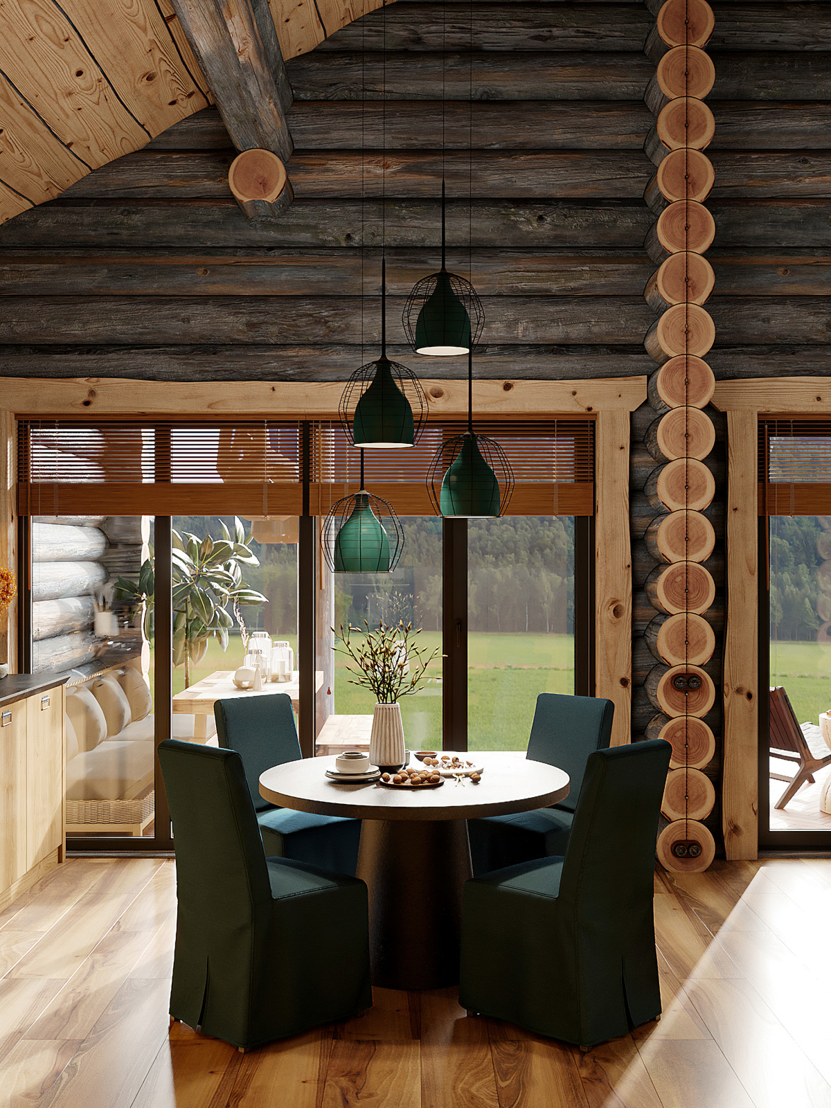 Дом из кело для рыбалки. Кухня-гостиная