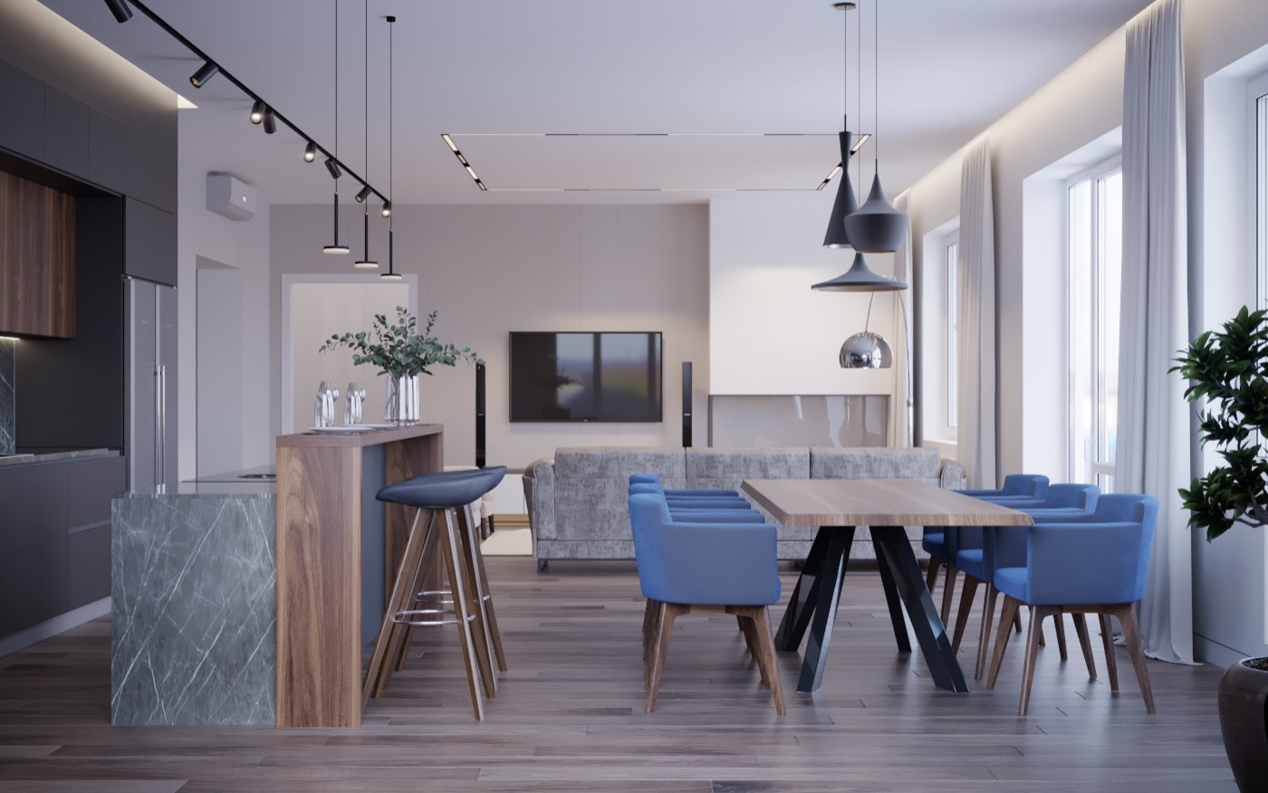 Кухня-столовая. Дизайн-проект коттеджа в Московской области