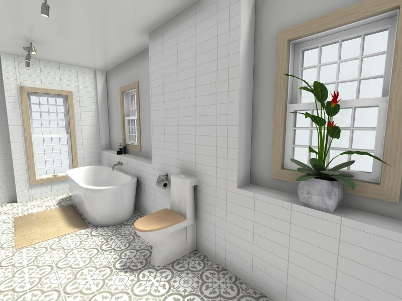Diseño de cuarto de baño principal y doble nórdico con baldosas y/o azulejos blancos