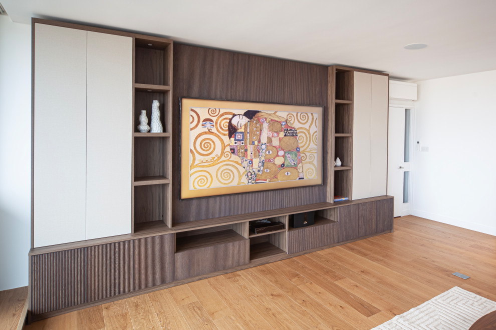 Bespoke Sleek Brown Media Unit with ribbed wood slat panels