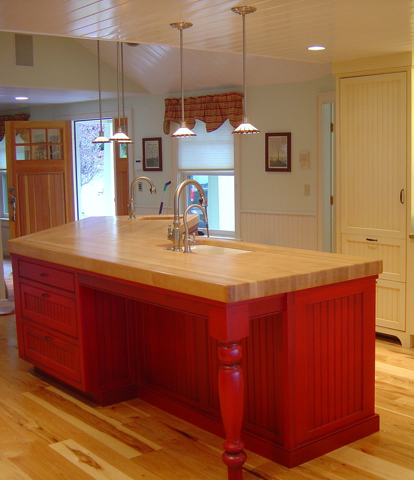 Red Island With Maple Butcher Block Top And Turned Leg