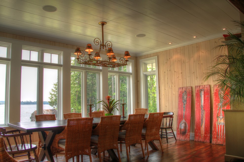 This is an example of a mid-sized beach style open plan dining in Toronto with beige walls and dark hardwood floors.