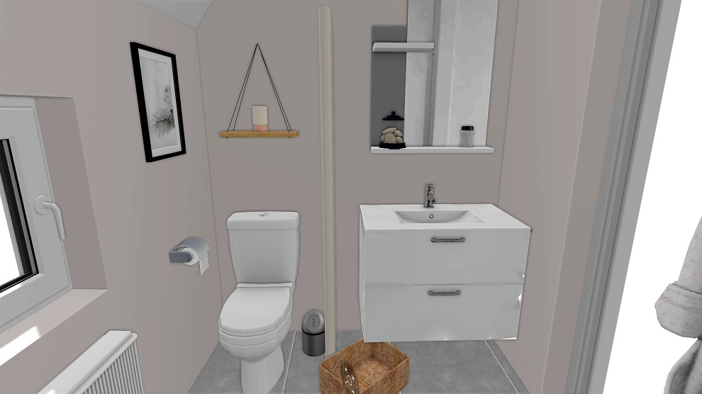 This is an example of a modern 3/4 bathroom in Other with a curbless shower, a one-piece toilet, gray tile, terra-cotta tile, beige walls, an integrated sink, solid surface benchtops, grey floor, a hinged shower door, white benchtops and a single vanity.