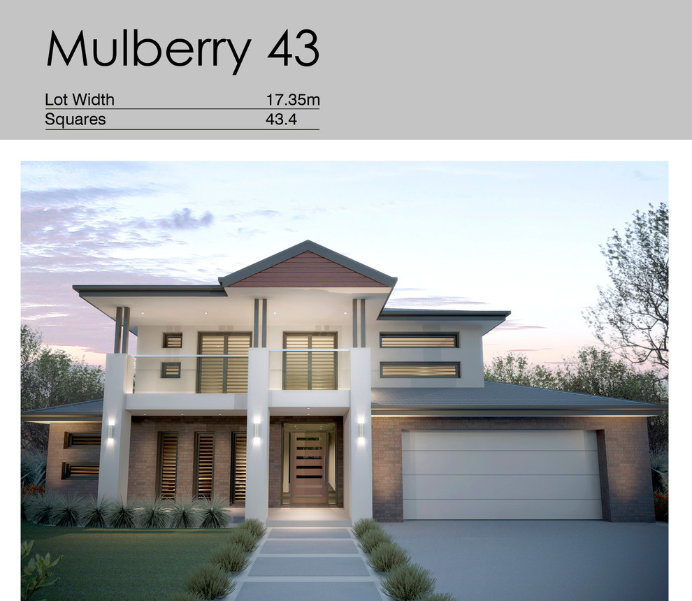 Large contemporary two-storey stucco white exterior in Melbourne with a hip roof and a tile roof.