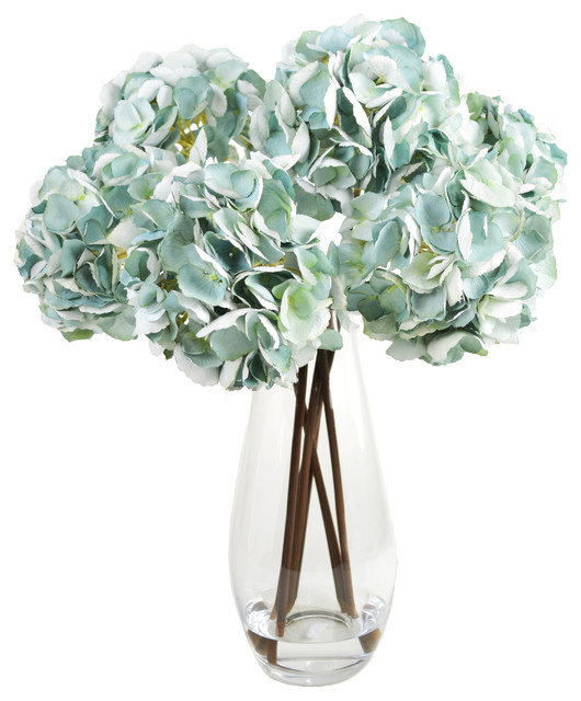 Teal Hydrangea Cluster in Glass Vase