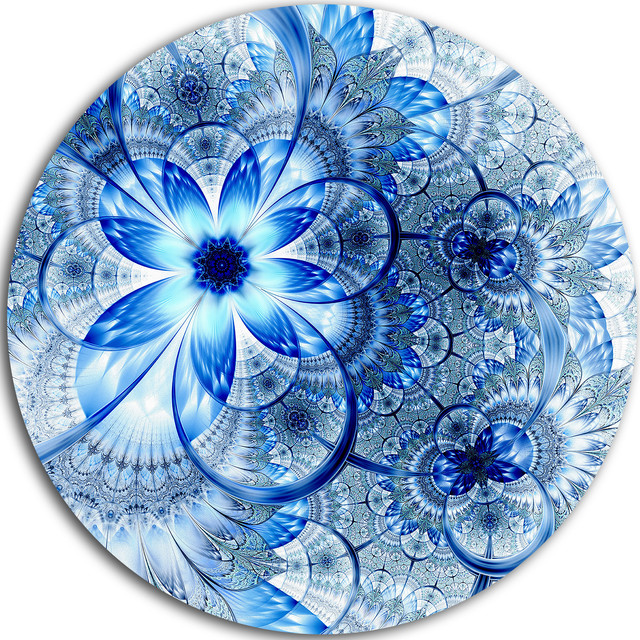 Dark Blue Flower Pattern Design, Floral Round Metal Wall Art