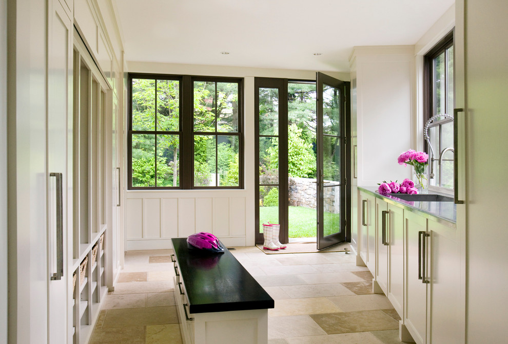 Transitional beige floor mudroom photo in Boston