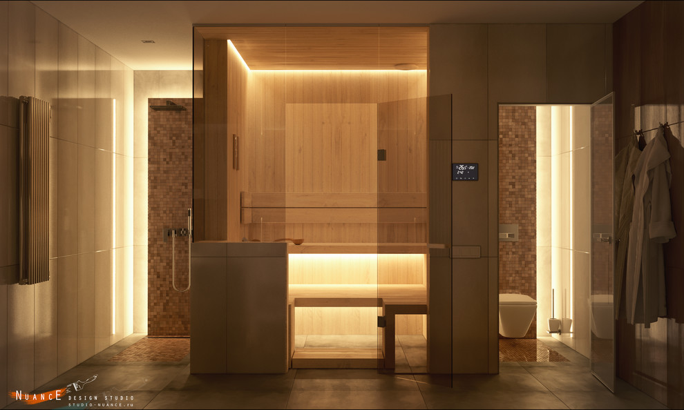 Ванная комната с сухой сауной в частной резиденции