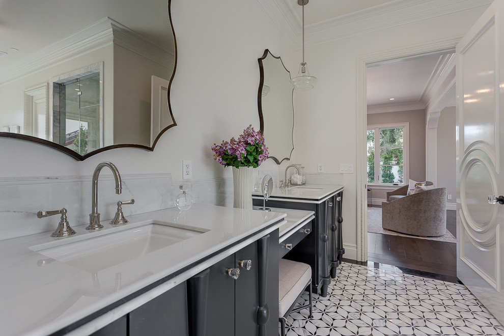Design ideas for a traditional bathroom in Los Angeles with grey cabinets, black tile, white tile and white walls.