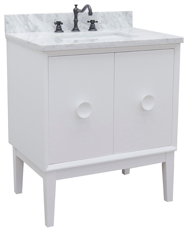 31" Single Vanity, White Finish With White Carrara Top And Rectangle Sink
