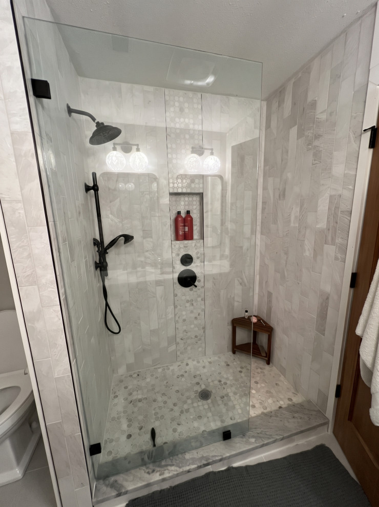 French Chalet Bathroom Walk-In Shower With Stone Tile